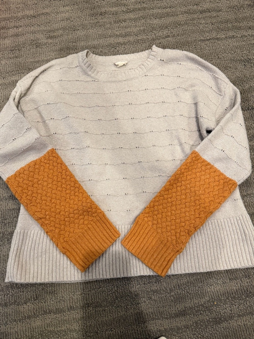 Light Gray Sweater with Amber Knit Sleeve Panels